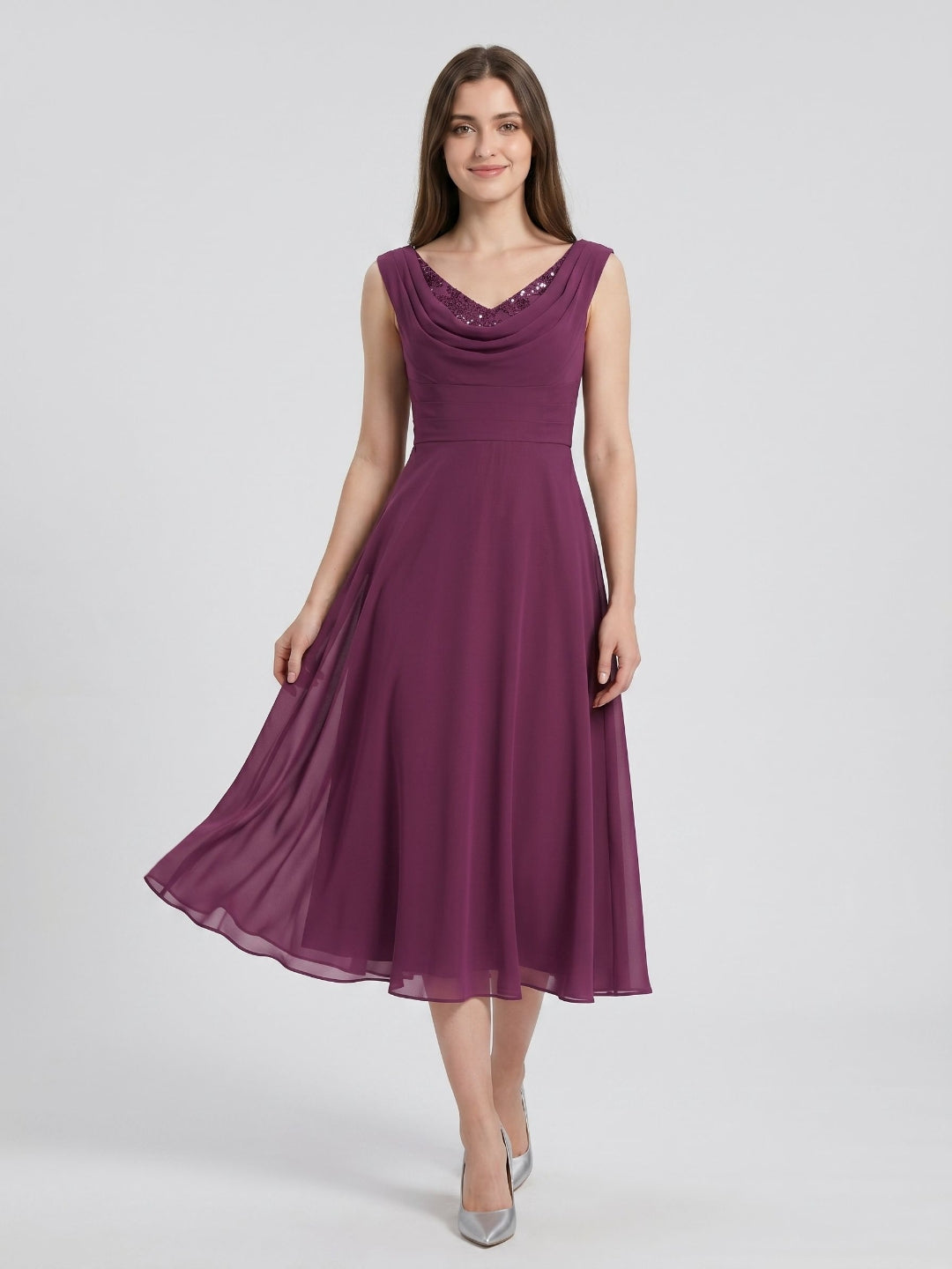 Mulberry Chiffon A-Line Cowl Neck Back Zip Tea-Length Dress with Sequins