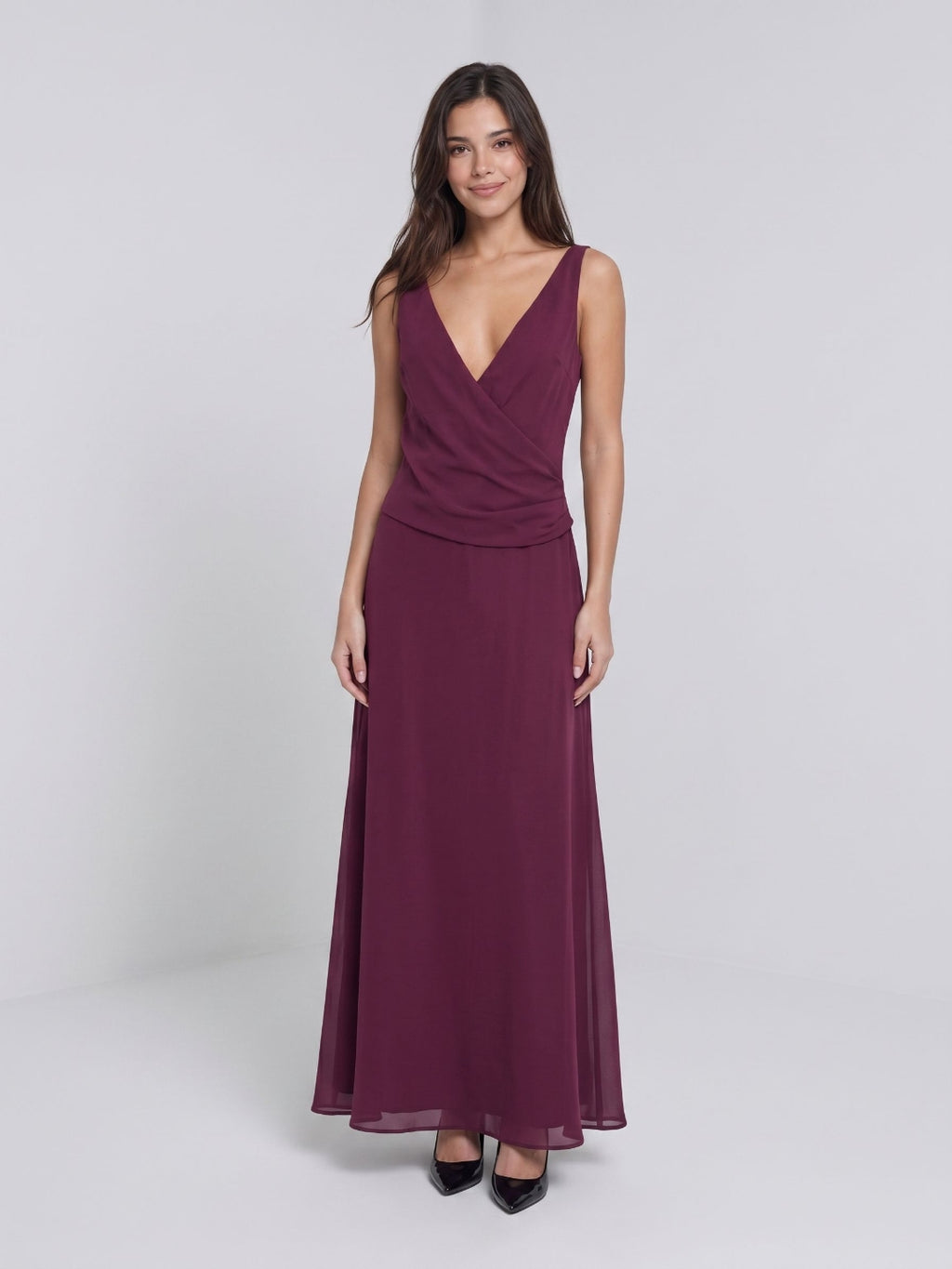 Mulberry Chiffon Column V-Neck Backless Floor-Length Formal Dress with Pleating