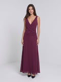 Mulberry Chiffon Column V-Neck Backless Floor-Length Formal Dress with Pleating