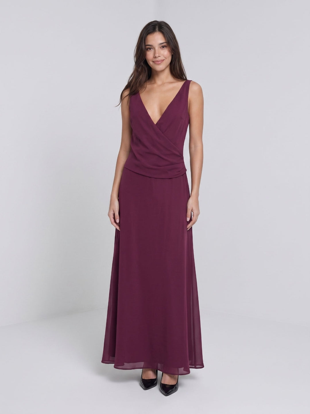 Mulberry Chiffon Column V-Neck Backless Floor-Length Formal Dress with Pleating