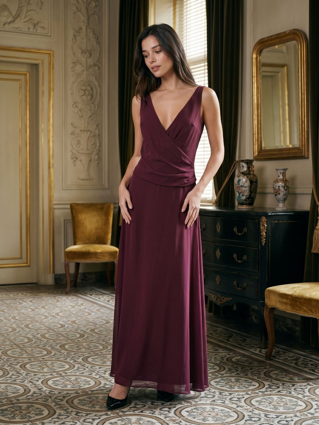 Mulberry Chiffon Column V-Neck Backless Floor-Length Formal Dress with Pleating