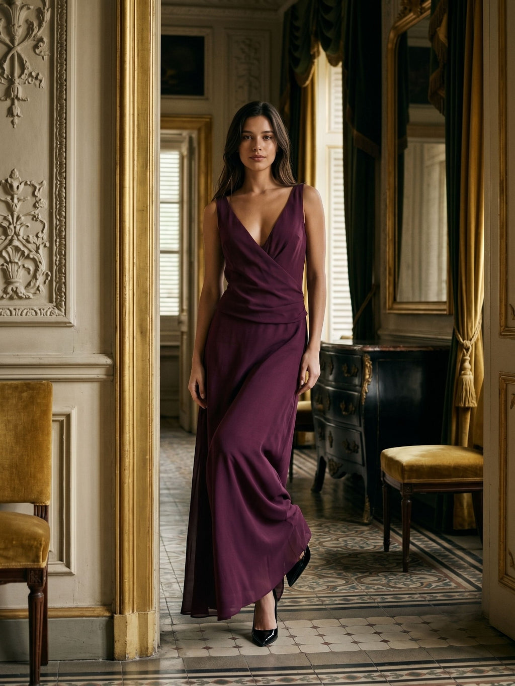 Mulberry Chiffon Column V-Neck Backless Floor-Length Formal Dress with Pleating