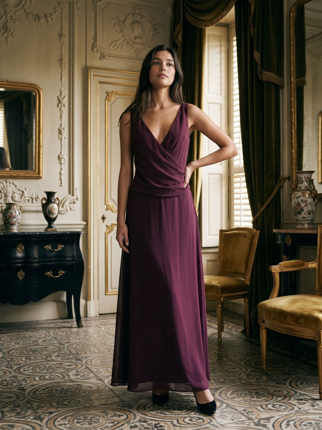 Mulberry Chiffon Column V-Neck Backless Floor-Length Formal Dress with Pleating