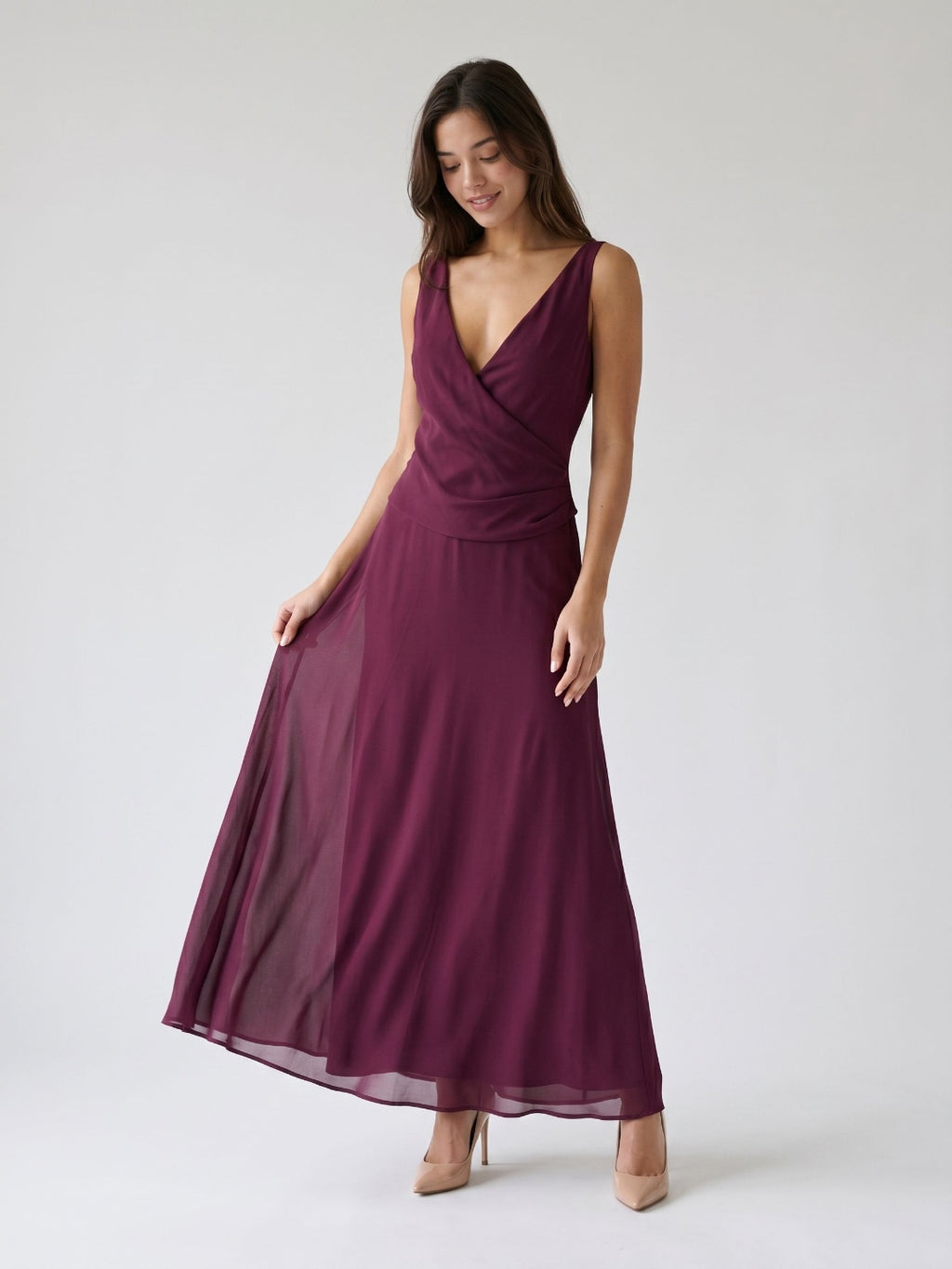 Mulberry Chiffon Column V-Neck Backless Floor-Length Formal Dress with Pleating