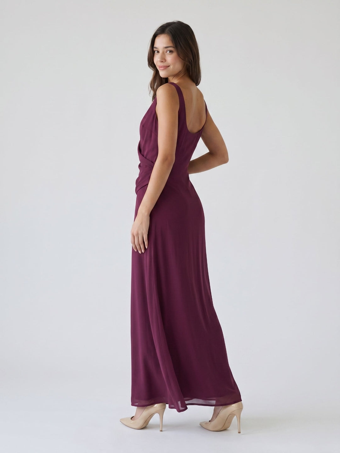 Mulberry Chiffon Column V-Neck Backless Floor-Length Formal Dress with Pleating