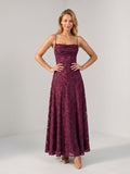 Mulberry Jacquard A-Line Criss-Cross Straps Floor-Length Formal Dress with Pleating
