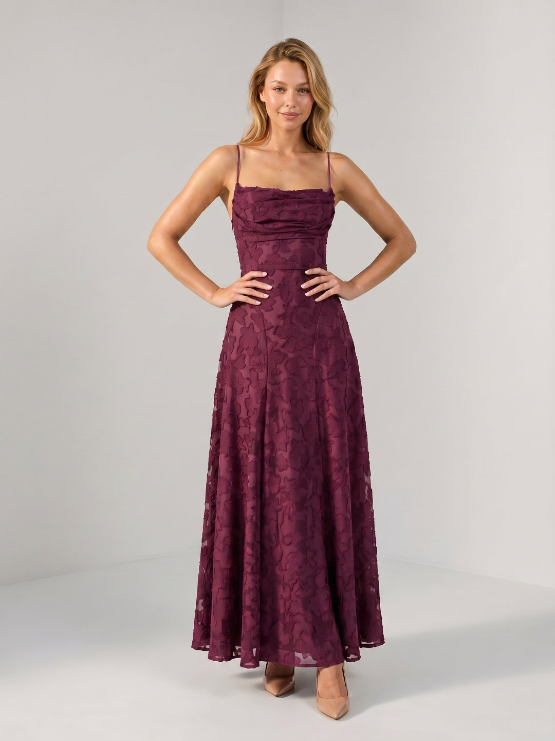 Mulberry Jacquard A-Line Criss-Cross Straps Floor-Length Formal Dress with Pleating