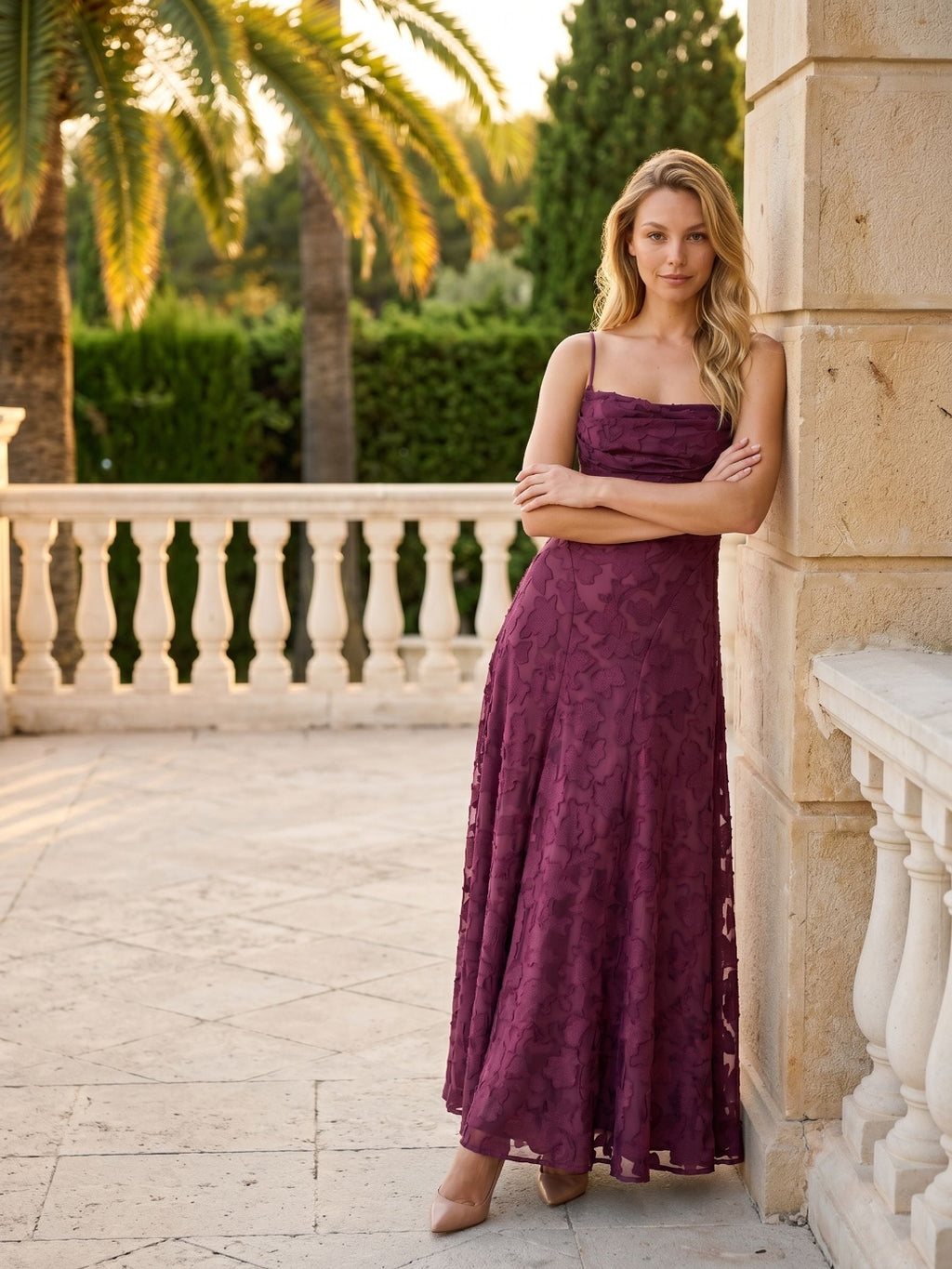 Mulberry Jacquard A-Line Criss-Cross Straps Floor-Length Formal Dress with Pleating