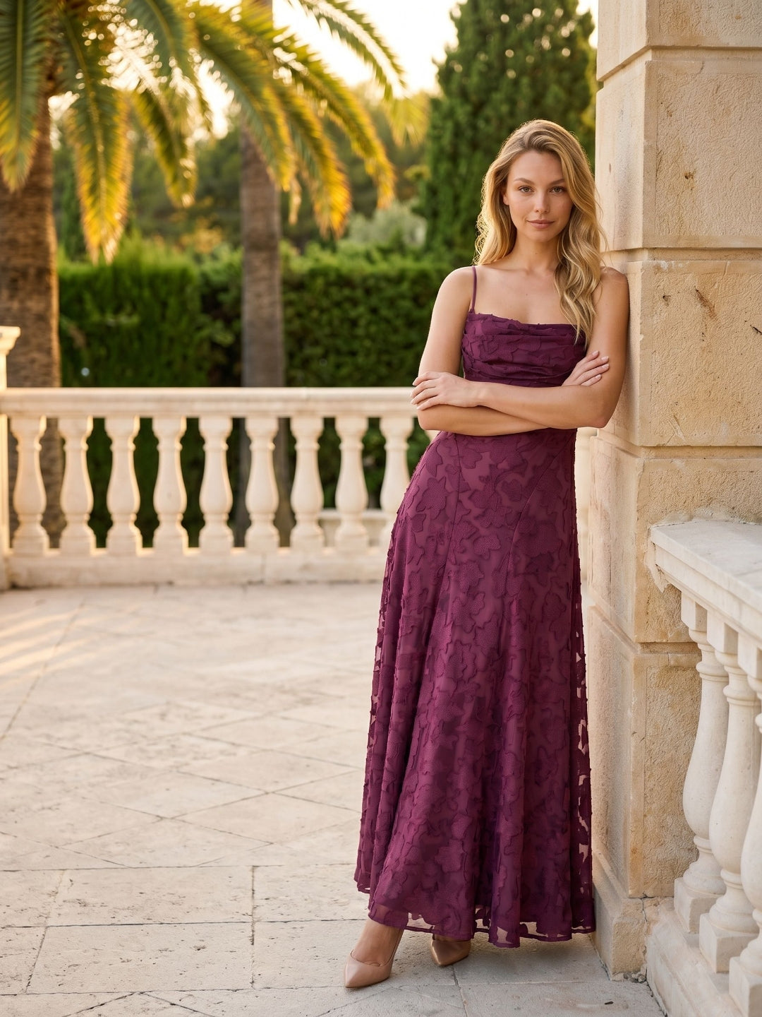 Mulberry Jacquard A-Line Criss-Cross Straps Floor-Length Formal Dress with Pleating