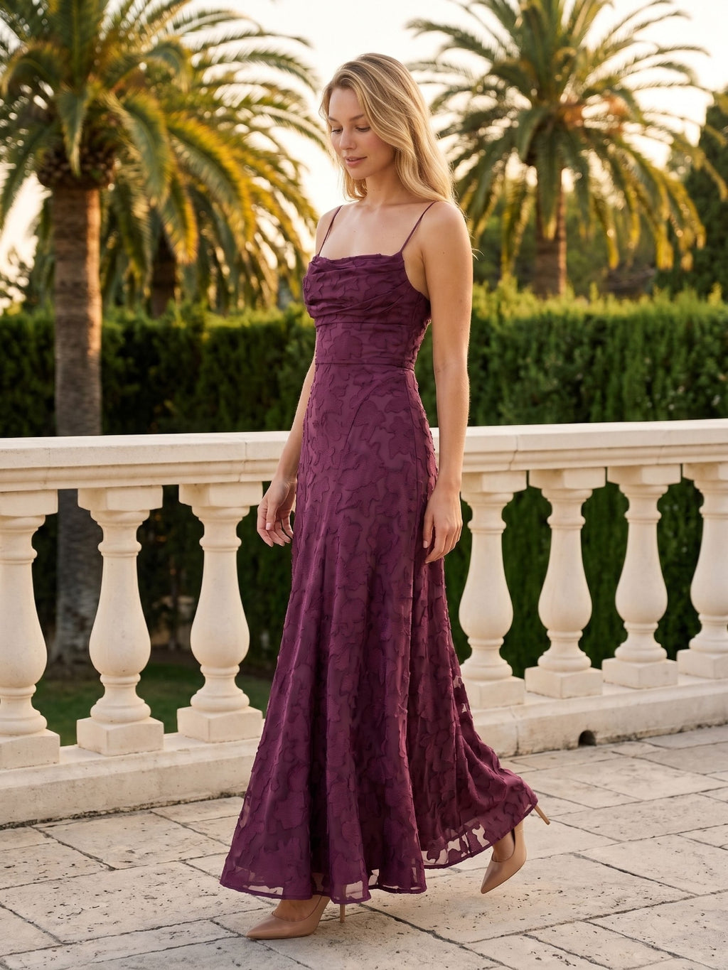 Mulberry Jacquard A-Line Criss-Cross Straps Floor-Length Formal Dress with Pleating