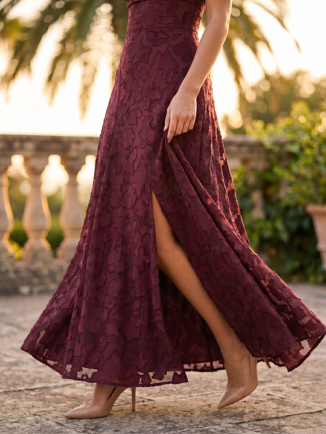 Mulberry Jacquard A-Line Criss-Cross Straps Floor-Length Formal Dress with Pleating