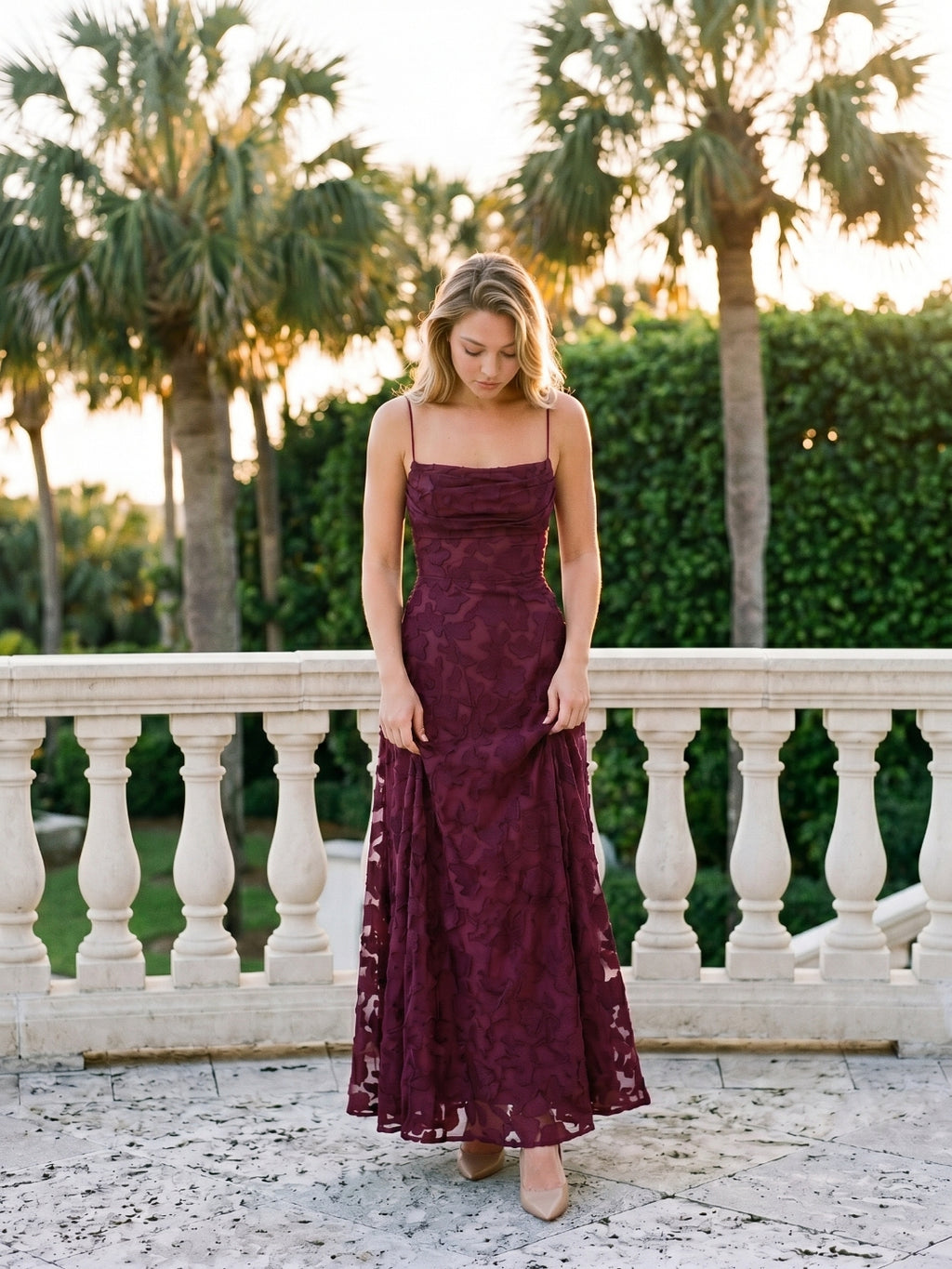Mulberry Jacquard A-Line Criss-Cross Straps Floor-Length Formal Dress with Pleating