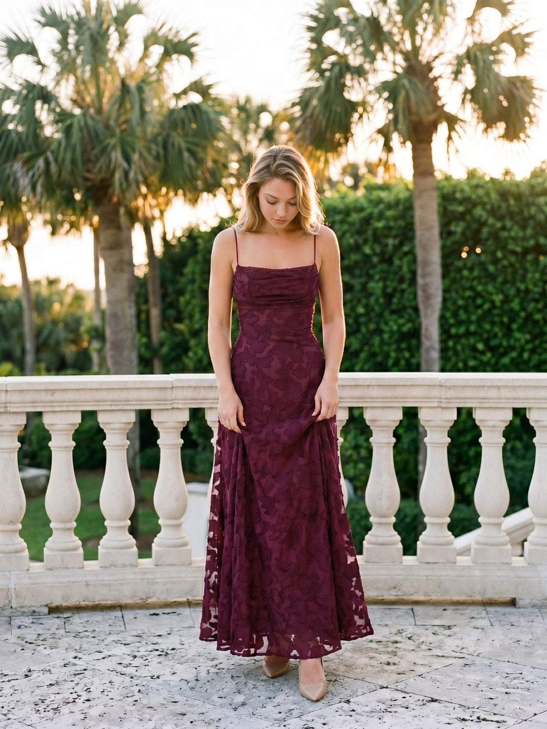 Mulberry Jacquard A-Line Criss-Cross Straps Floor-Length Formal Dress with Pleating