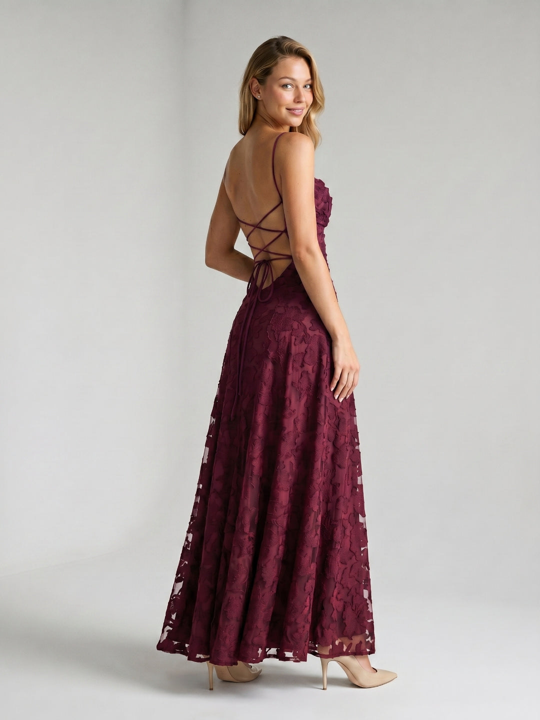 Mulberry Jacquard A-Line Criss-Cross Straps Floor-Length Formal Dress with Pleating