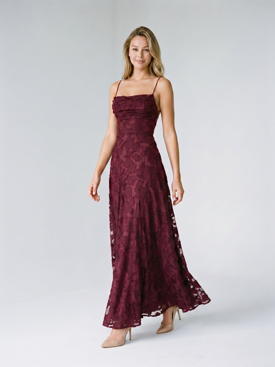 Mulberry Jacquard A-Line Criss-Cross Straps Floor-Length Formal Dress with Pleating