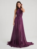 Mulberry Mesh A-Line Halter Backless Floor-Length Prom dress with Pleats