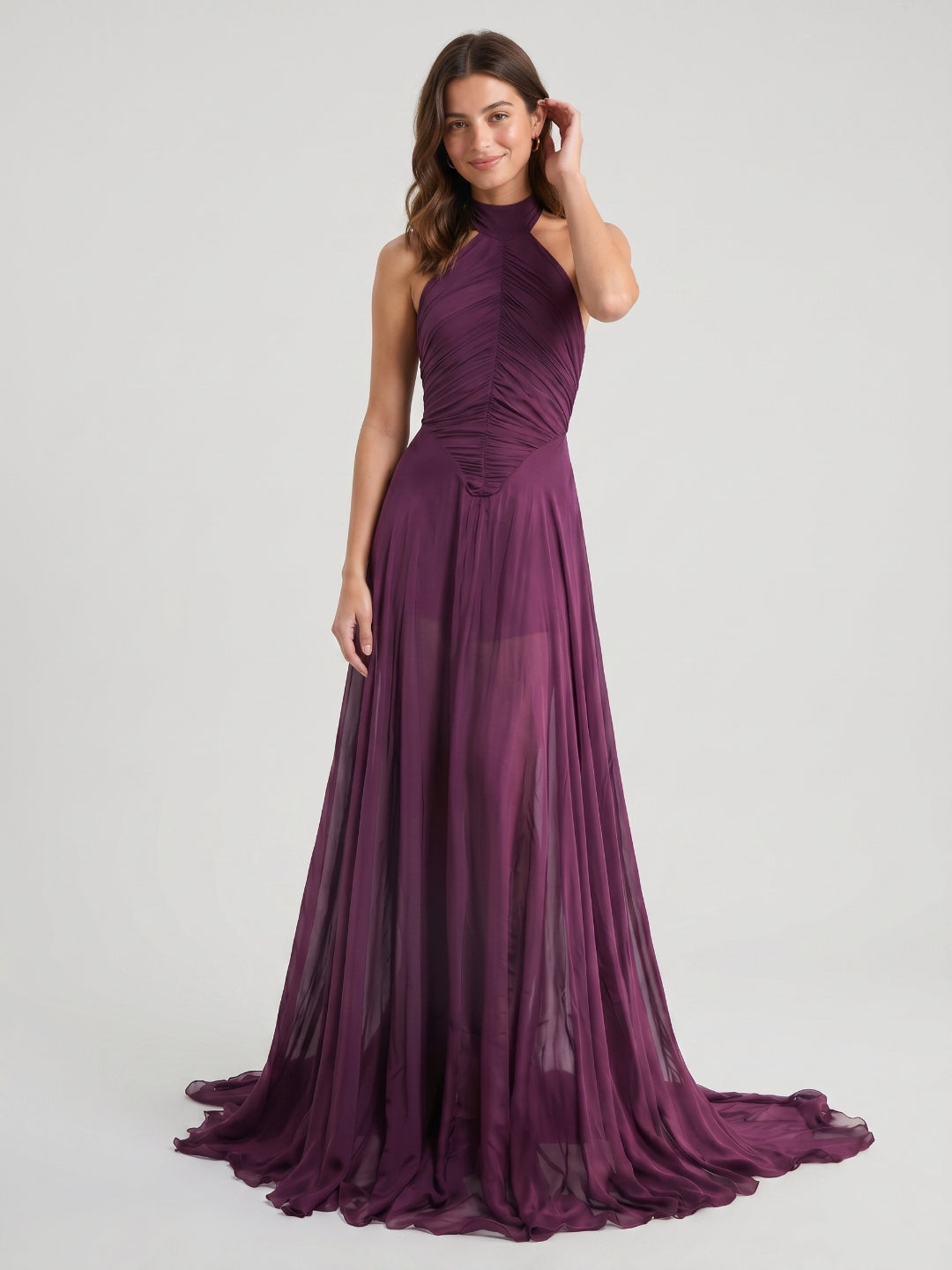 Mulberry Matte Satin A-Line Halter Backless Floor-Length Prom dress with Pleats