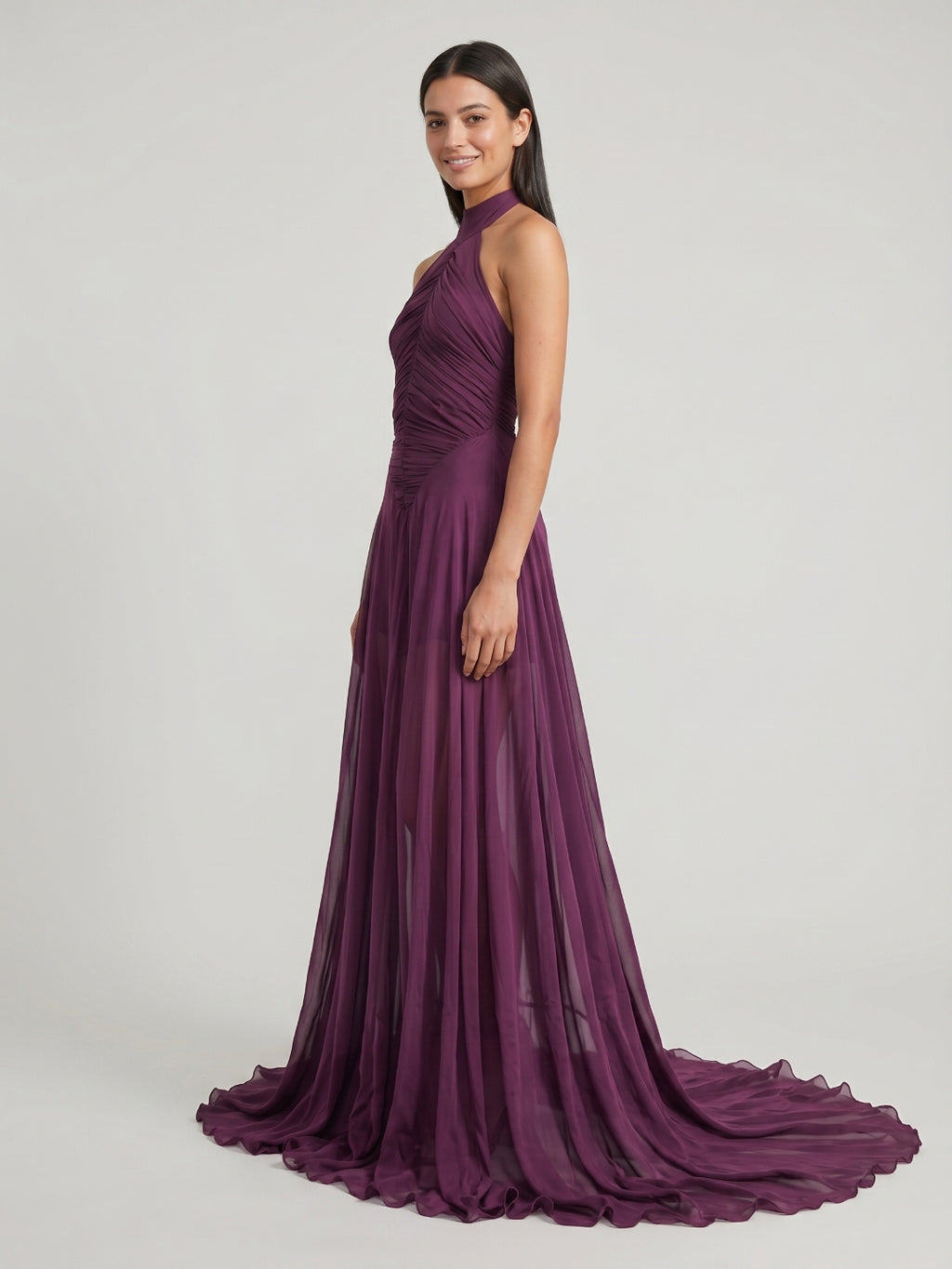 Mulberry Matte Satin A-Line Halter Backless Floor-Length Prom dress with Pleats