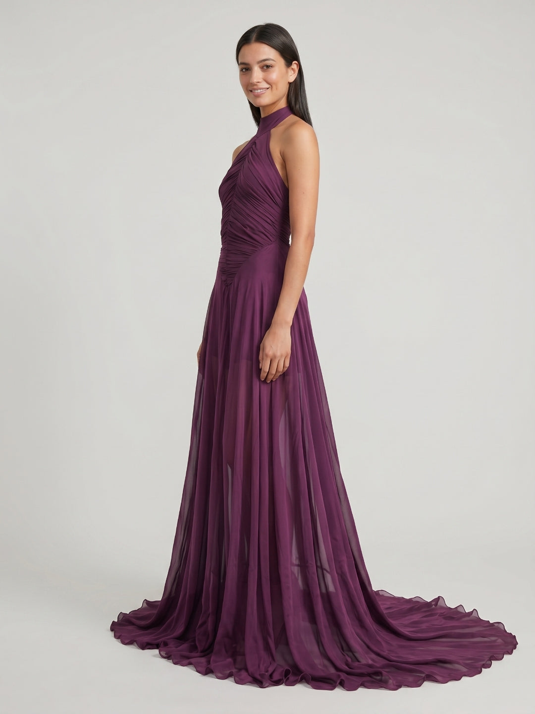 Mulberry Matte Satin A-Line Halter Backless Floor-Length Prom dress with Pleats