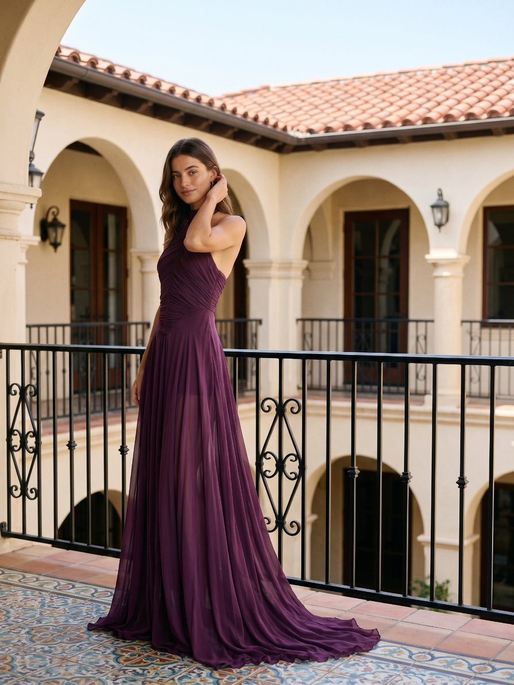 Mulberry Matte Satin A-Line Halter Backless Floor-Length Prom dress with Pleats