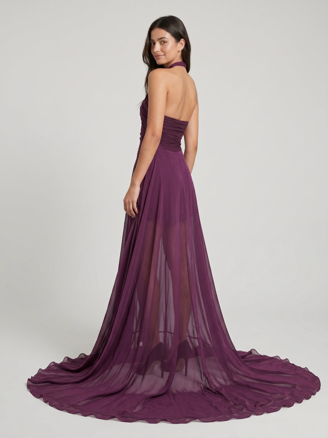 Mulberry Matte Satin A-Line Halter Backless Floor-Length Prom dress with Pleats