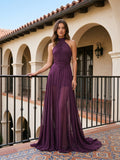 Mulberry Matte Satin A-Line Halter Backless Floor-Length Prom dress with Pleats