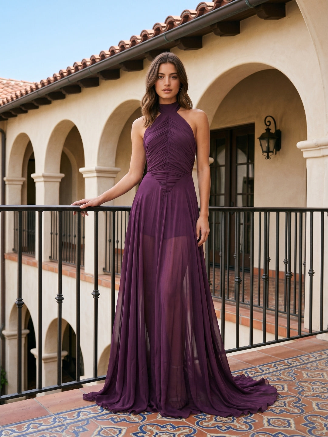 Mulberry Matte Satin A-Line Halter Backless Floor-Length Prom dress with Pleats