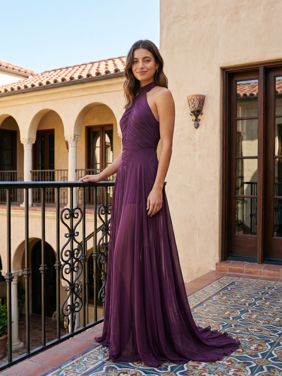 Mulberry Matte Satin A-Line Halter Backless Floor-Length Prom dress with Pleats