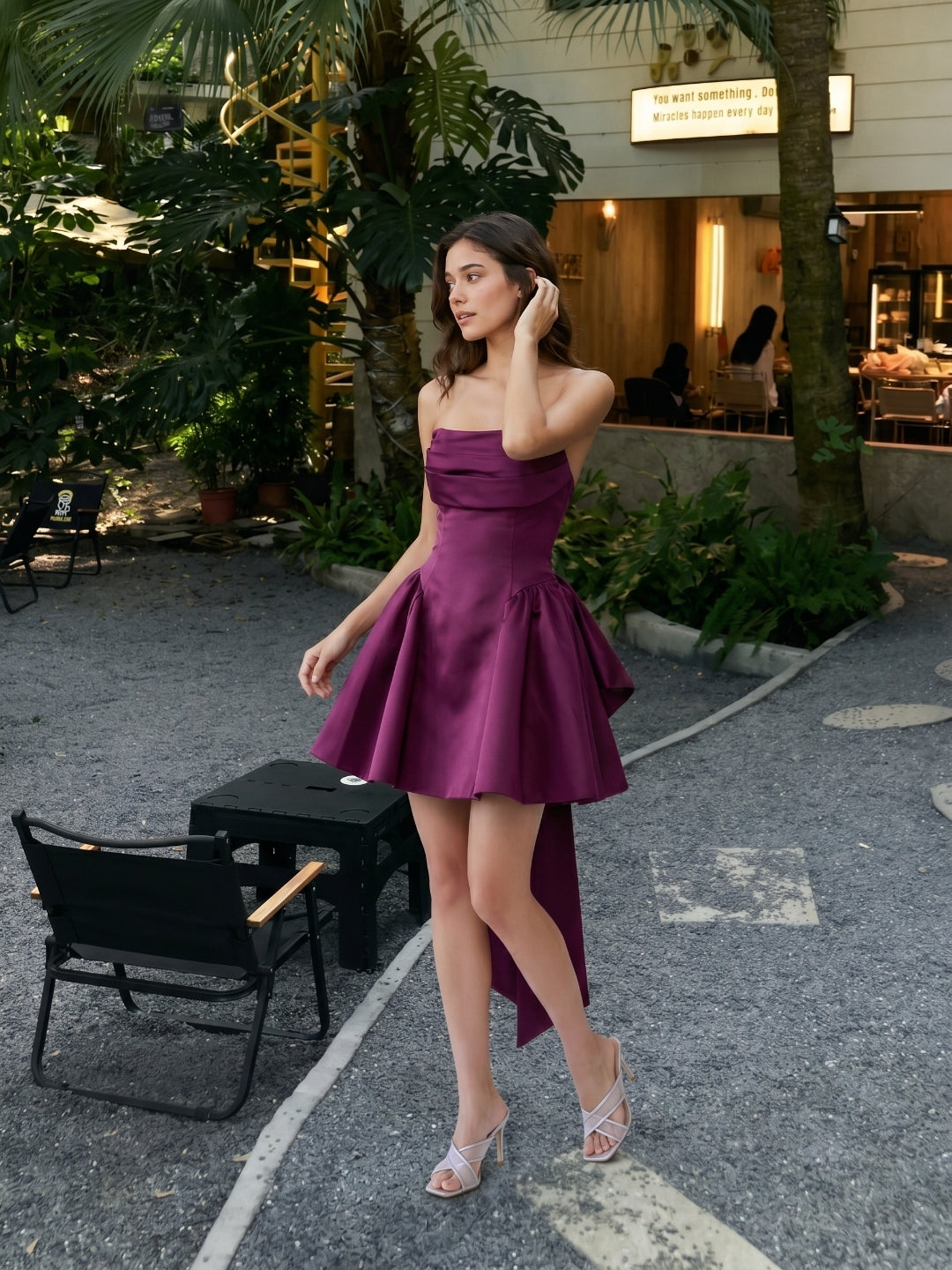 Mulberry Satin A-Line Straight Neck Criss-Cross Straps Short Homecoming Dress with Pleating