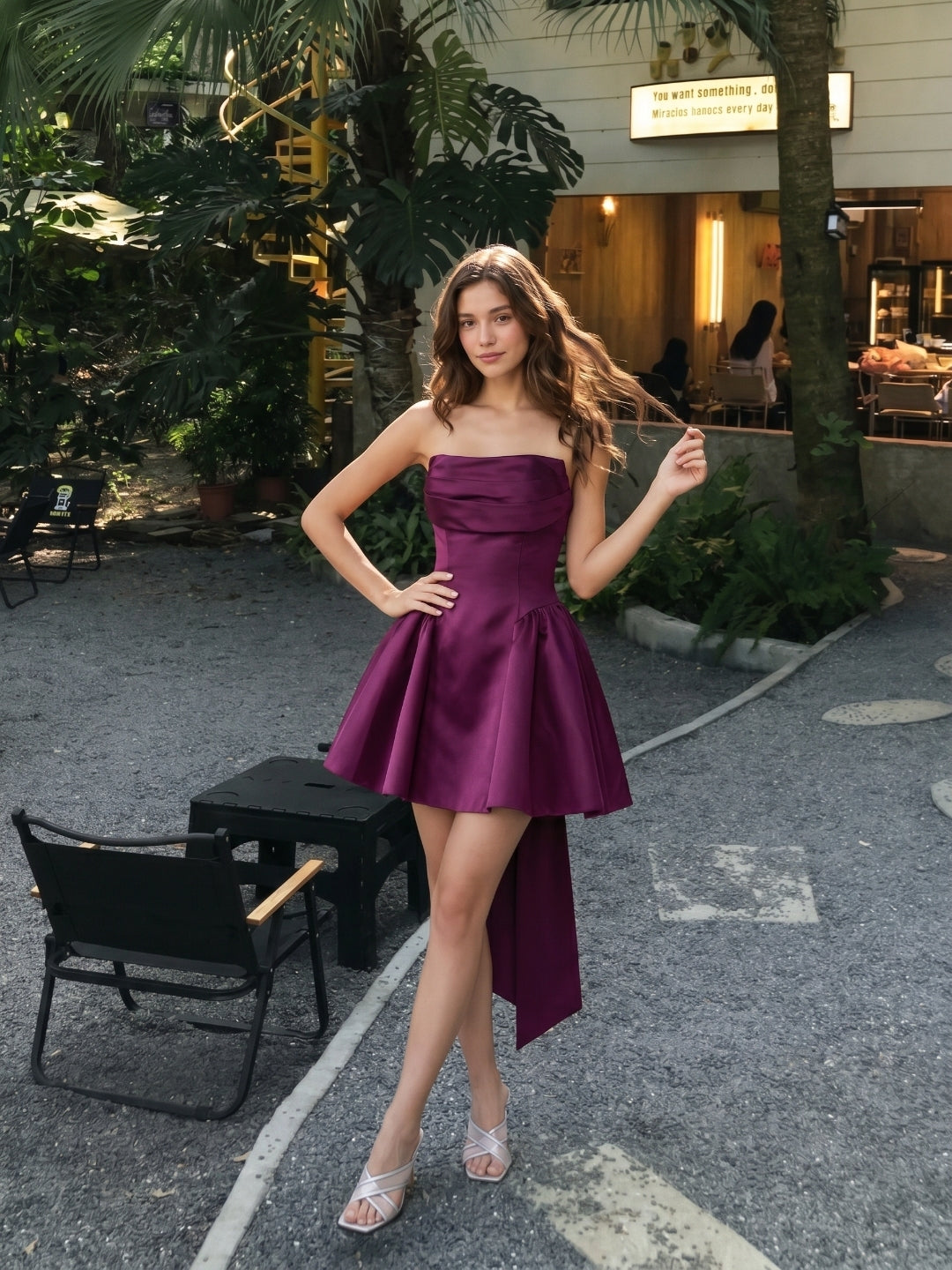 Mulberry Satin A-Line Straight Neck Criss-Cross Straps Short Homecoming Dress with Pleating