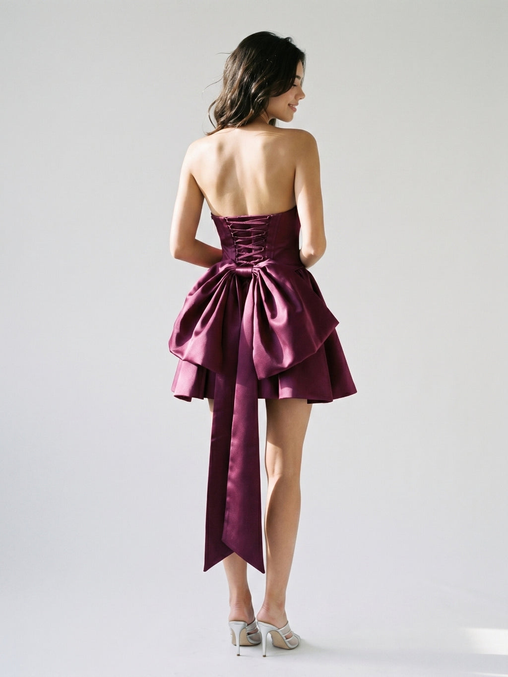 Mulberry Satin A-Line Straight Neck Criss-Cross Straps Short Homecoming Dress with Pleating