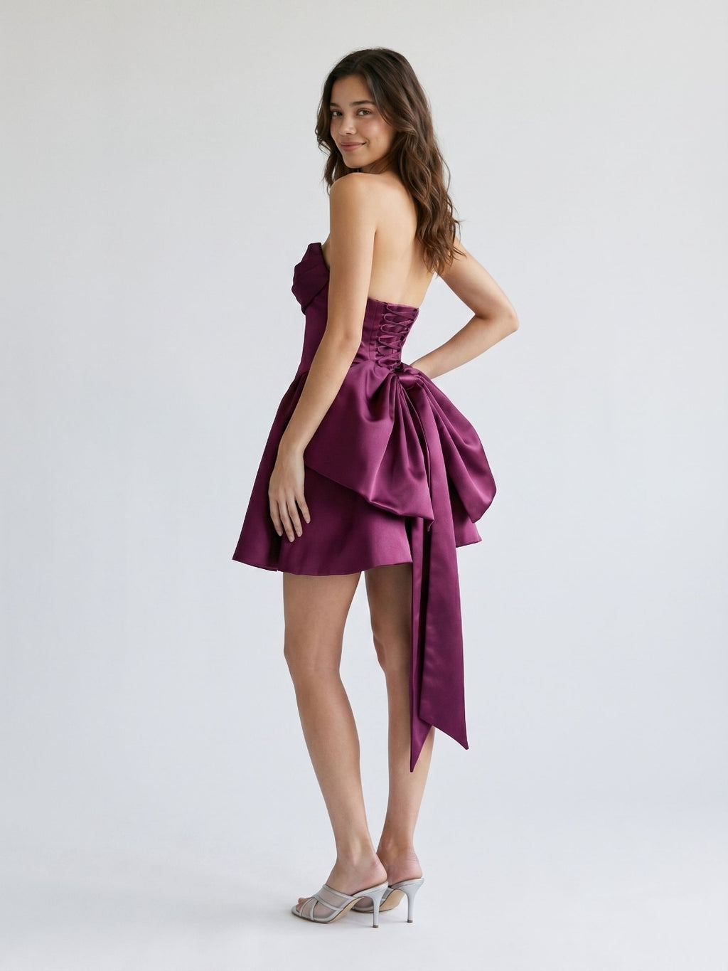 Mulberry Satin A-Line Straight Neck Criss-Cross Straps Short Homecoming Dress with Pleating