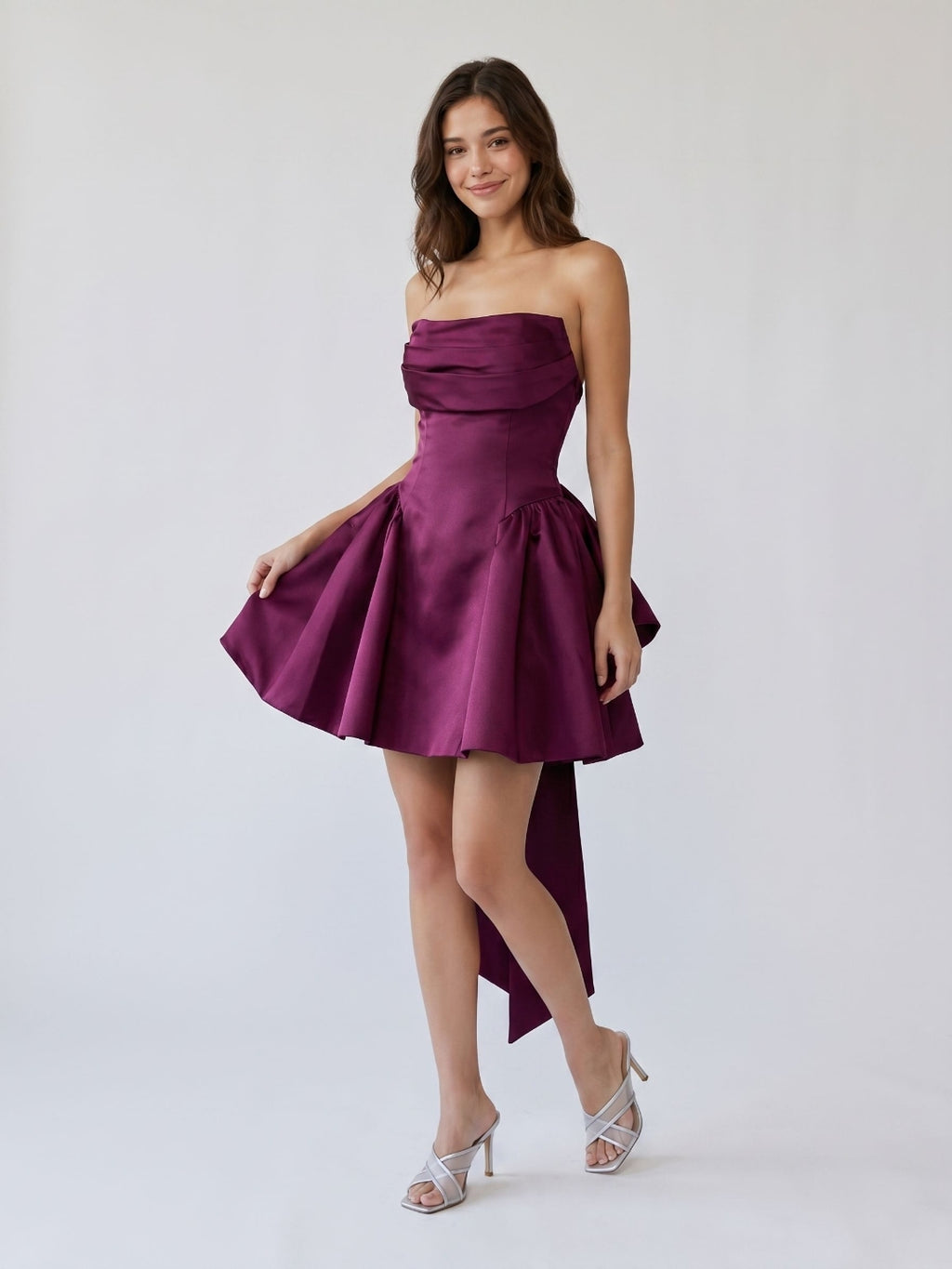 Mulberry Satin A-Line Straight Neck Criss-Cross Straps Short Homecoming Dress with Pleating