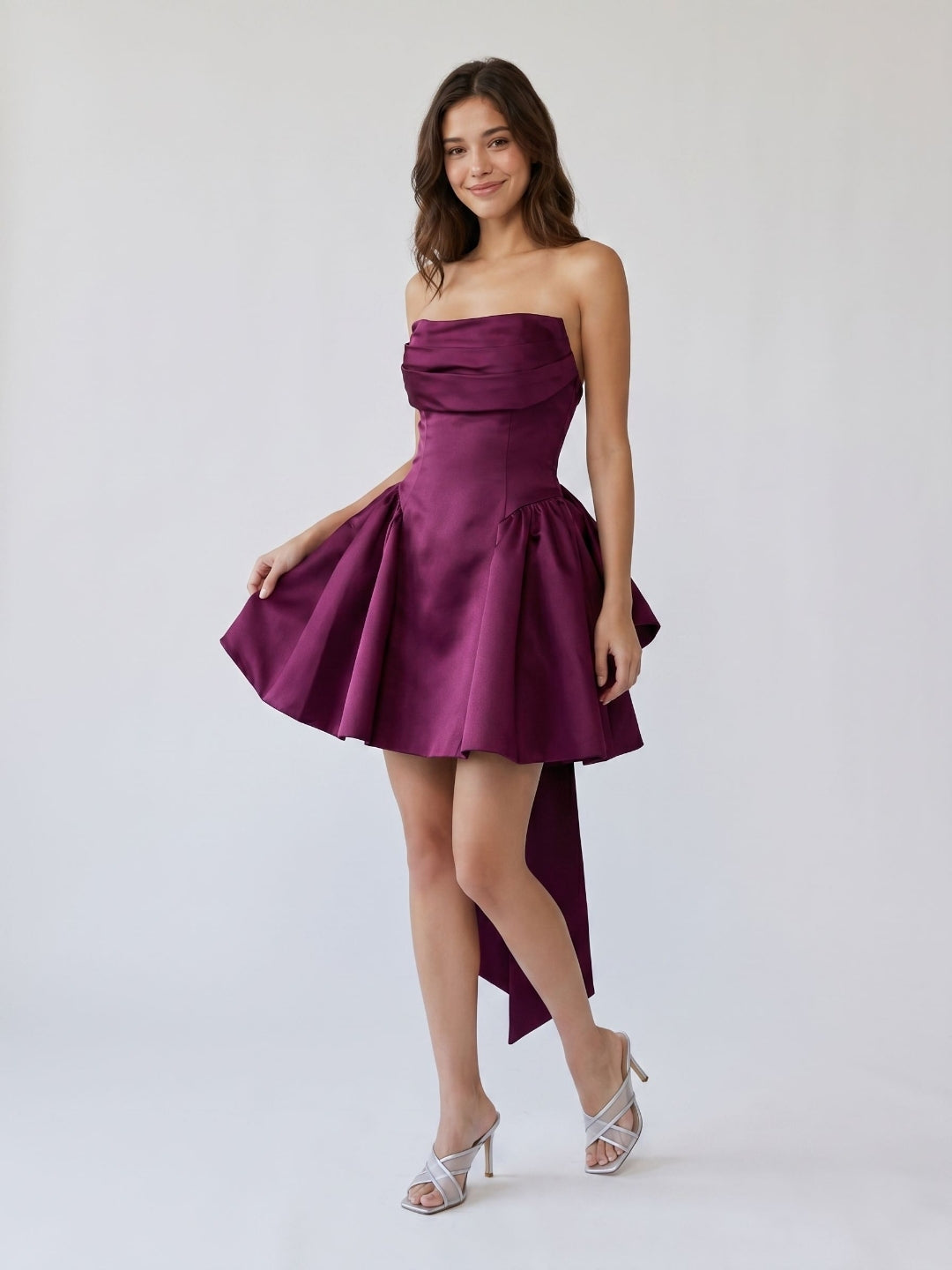 Mulberry Satin A-Line Straight Neck Criss-Cross Straps Short Homecoming Dress with Pleating