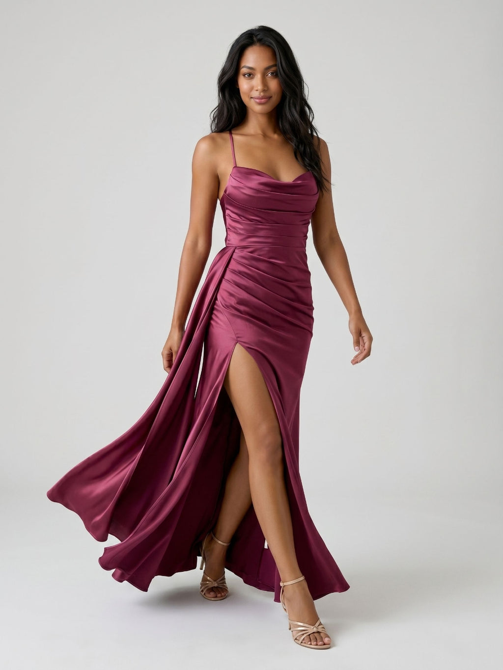 Mulberry Satin Sheath Sweetheart Lace-Up Back Floor-Length Birthday Dress with Pleating