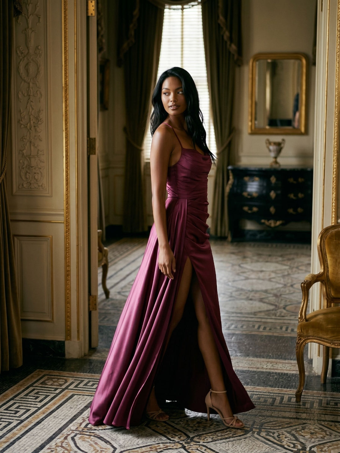 Mulberry Satin Sheath Sweetheart Lace-Up Back Floor-Length Birthday Dress with Pleating