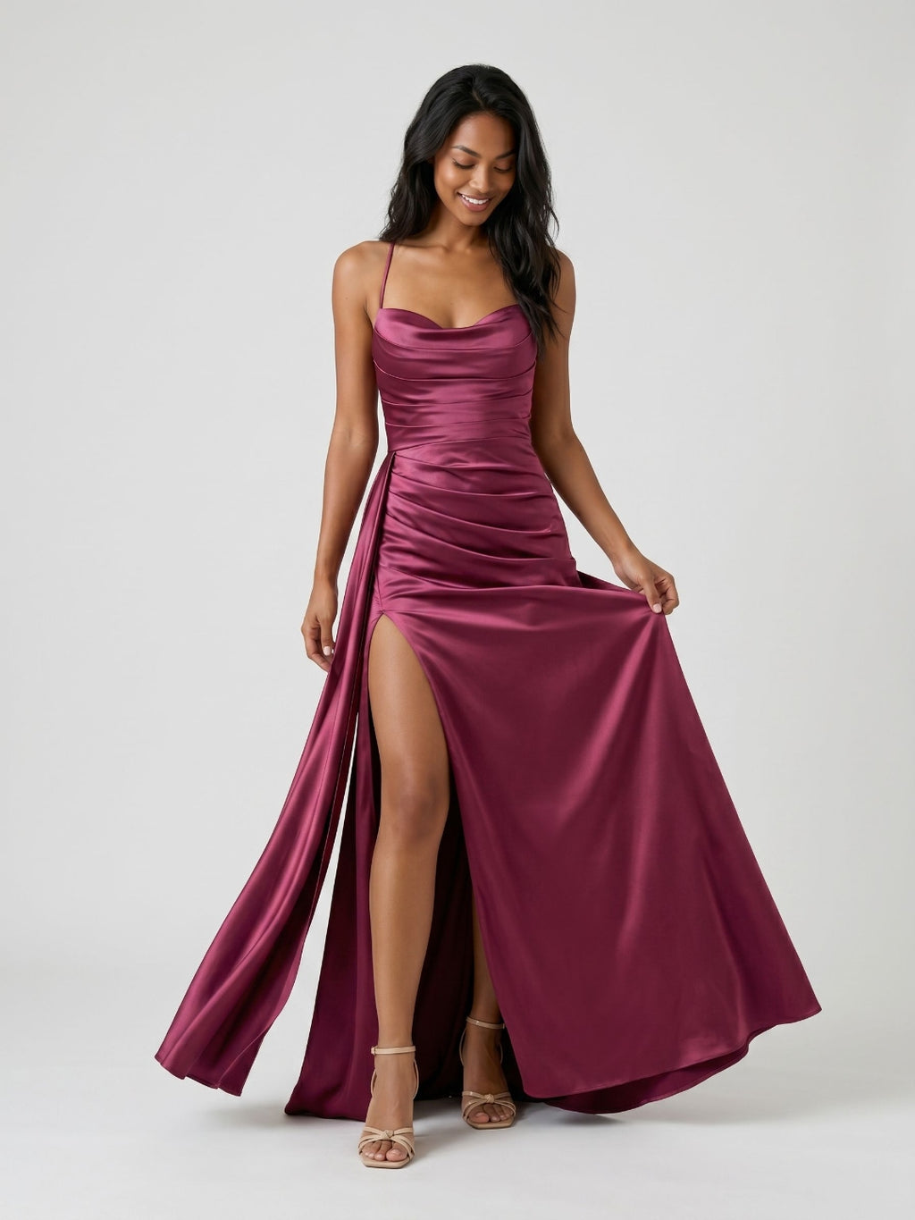 Mulberry Satin Sheath Sweetheart Lace-Up Back Floor-Length Birthday Dress with Pleating
