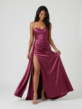 Mulberry Satin Sheath Sweetheart Lace-Up Back Floor-Length Birthday Dress with Pleating