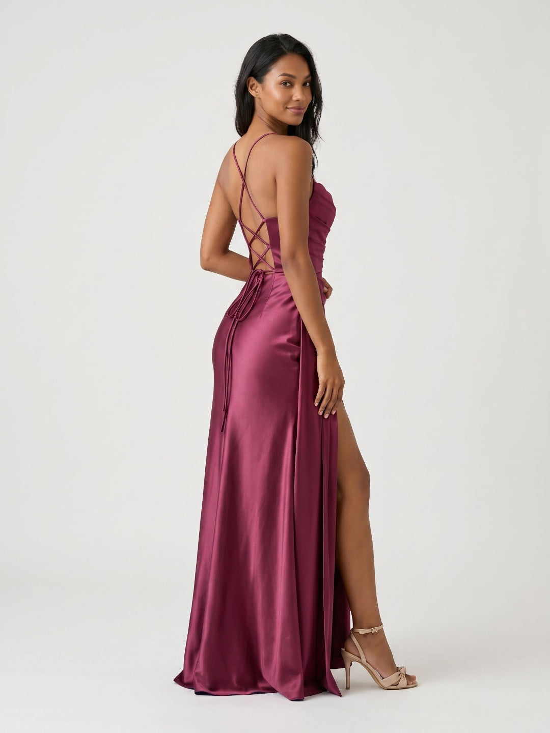 Mulberry Satin Sheath Sweetheart Lace-Up Back Floor-Length Birthday Dress with Pleating