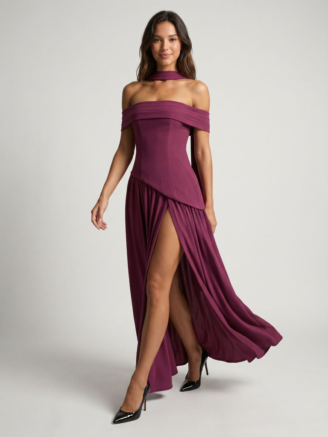 Mulberry Stretch Knit A-Line Off-Shoulder Back Zip Floor-Length Evening Dress with Pleating