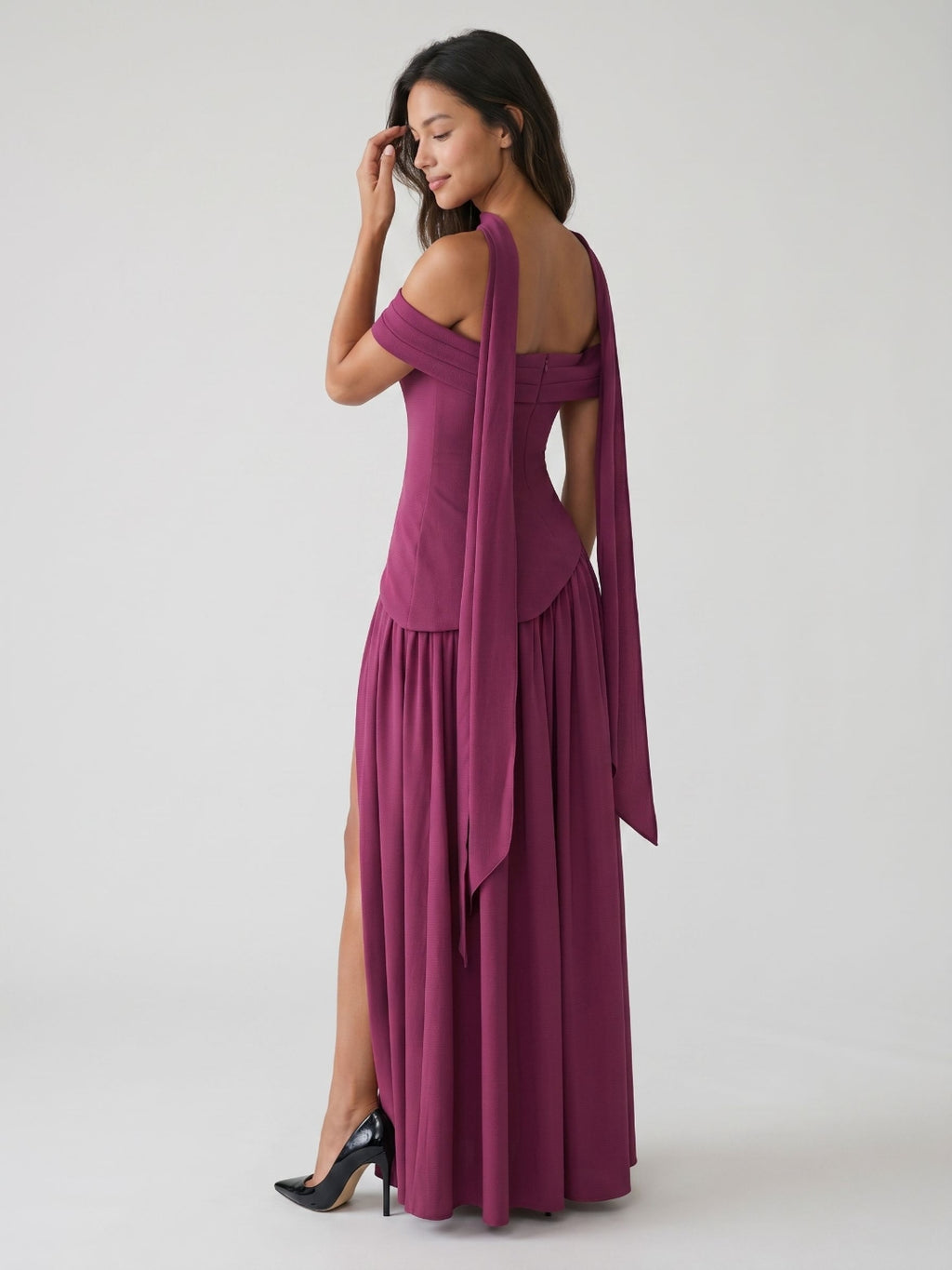 Mulberry Stretch Knit A-Line Off-Shoulder Back Zip Floor-Length Evening Dress with Pleating