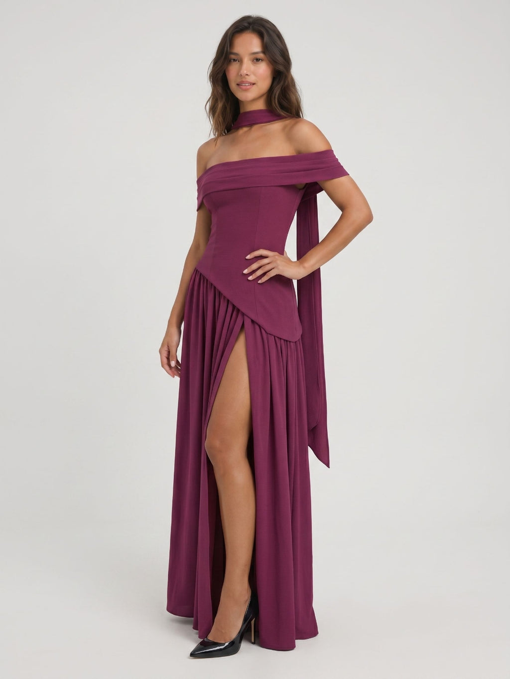Mulberry Stretch Knit A-Line Off-Shoulder Back Zip Floor-Length Evening Dress with Pleating
