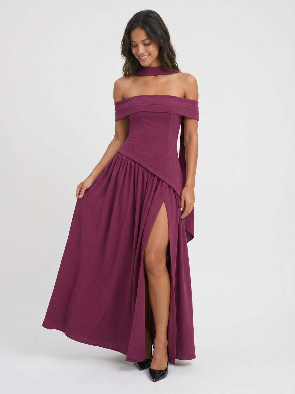 Mulberry Stretch Knit A-Line Off-Shoulder Back Zip Floor-Length Evening Dress with Pleating