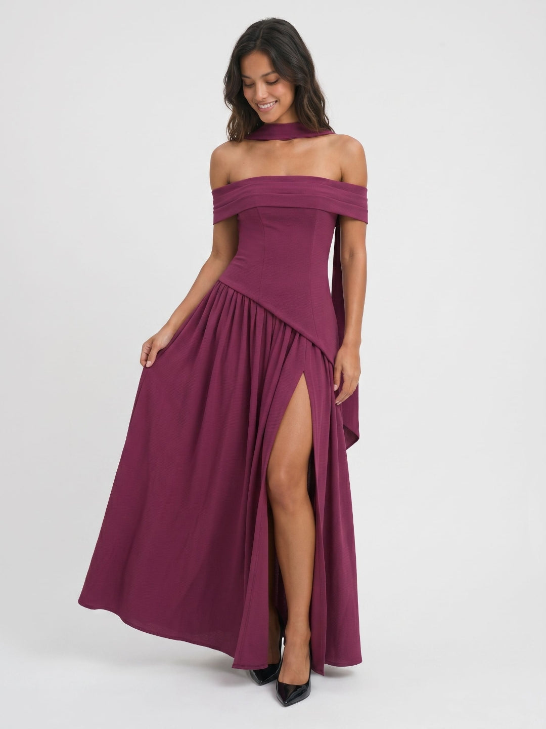 Mulberry Stretch Knit A-Line Off-Shoulder Back Zip Floor-Length Evening Dress with Pleating