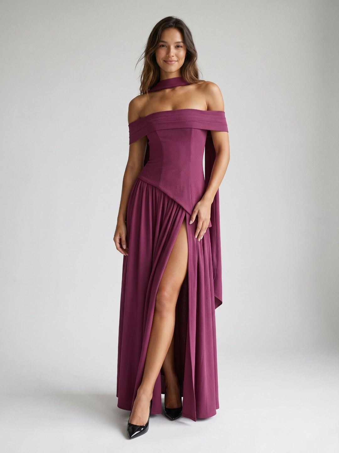 Mulberry Stretch Knit A-Line Off-Shoulder Back Zip Floor-Length Evening Dress with Pleating