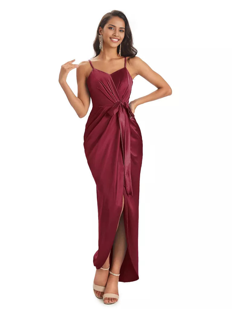High Low Spaghetti Straps V-neck Mermaid Asymmetrical Soft Satin Bridesmaid Dresses