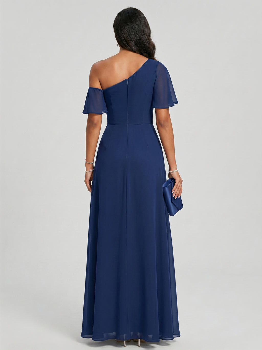 Modest Navy Blue Chiffon A-Line One Shoulder Back Zip with nan Ankle-Length Plus Size Bridesmaid Dress