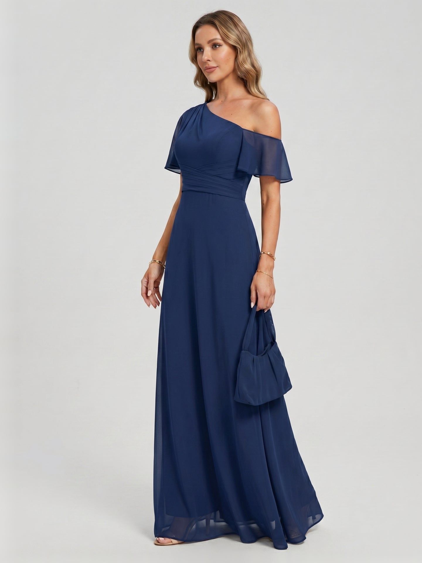 Modest Navy Blue Chiffon A-Line One Shoulder Back Zip with nan Ankle-Length Plus Size Bridesmaid Dress