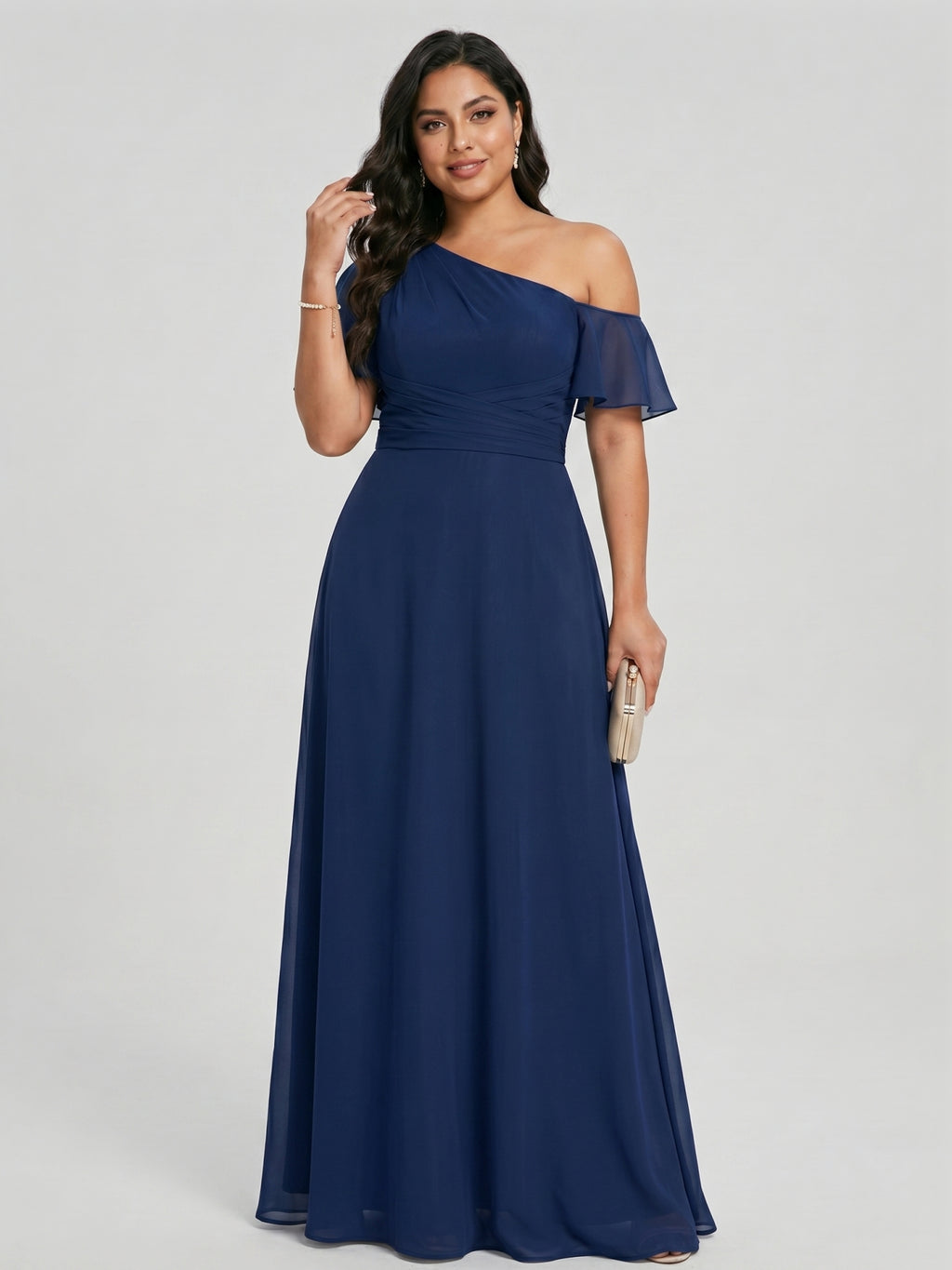 Modest Navy Blue Chiffon A-Line One Shoulder Back Zip with nan Ankle-Length Plus Size Bridesmaid Dress