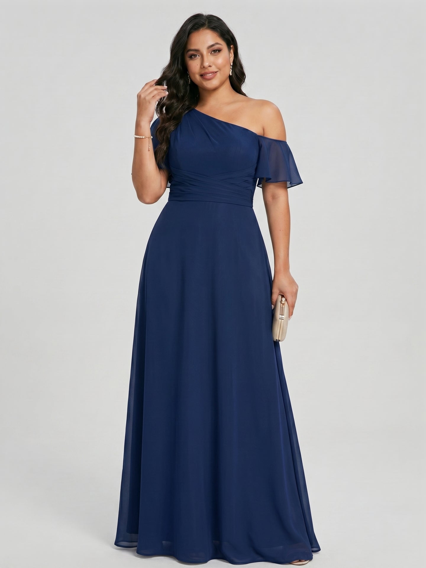 Modest Navy Blue Chiffon A-Line One Shoulder Back Zip with nan Ankle-Length Plus Size Bridesmaid Dress